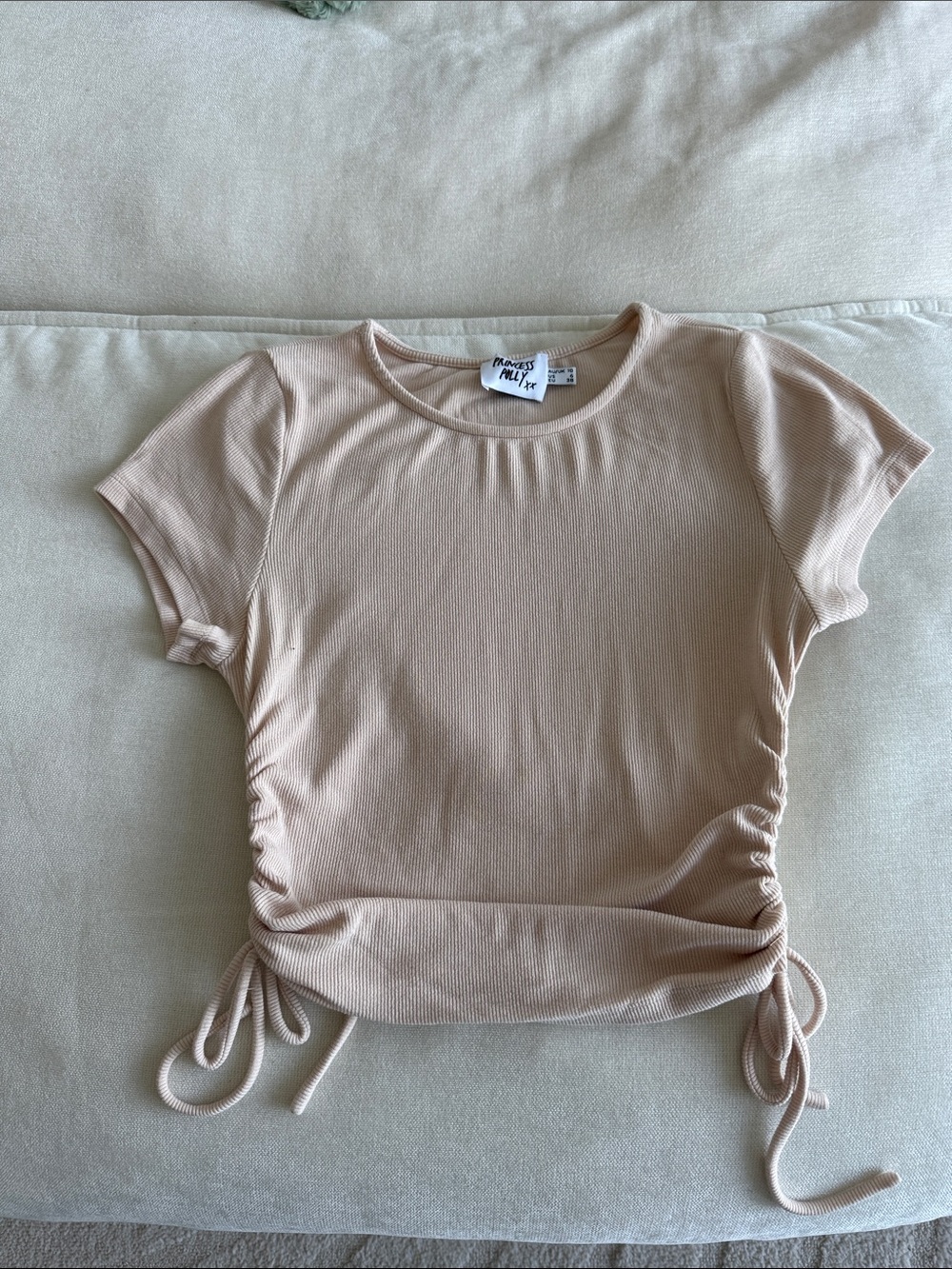 Princess Polly Beige Ribbed Ruched Short Sleeve Top